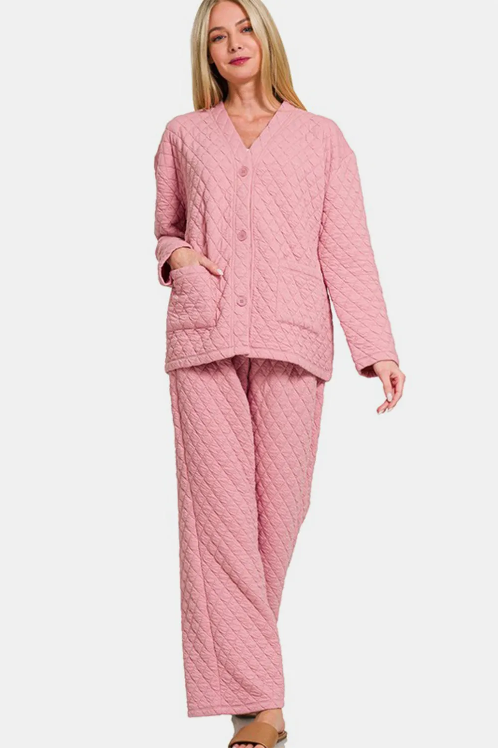 Pink Quilted Button Up Long Sleeve Top and Pants Lounge Set